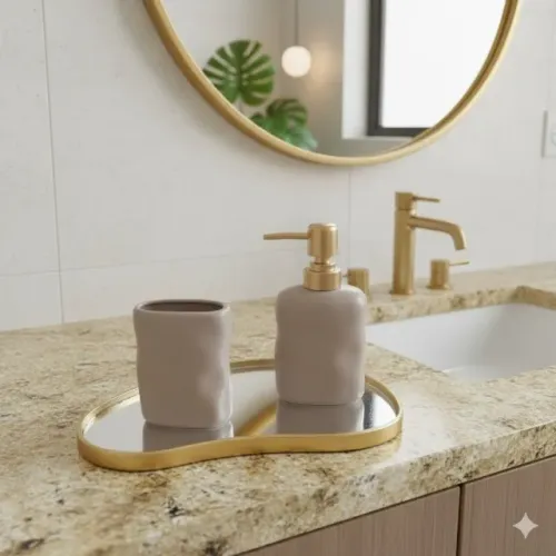 Kit Organizador Bancada Lavabo Banheiro Saboneteira Nude Dourado