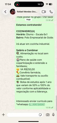 Vaga de cozinheira em Aparecida