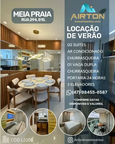 LOCAÇÃO DE VERÃO- 2 SUITES, 700 MTS DO MAR EM MEIA PRAIA - ITAPEMA -SC