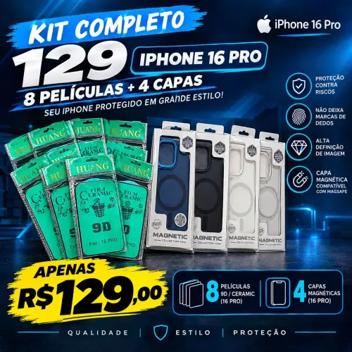 Kit 8 películas e 4 capas iPhone 16 pro 