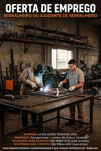 VAGA DE EMPREGO SERRALHEIRO/AJUDANTE DE SERRALHEIRO
