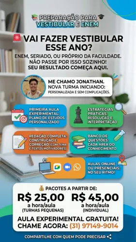Aulas particulares preparatorio Vestibular, Enem, Seriado UFMG