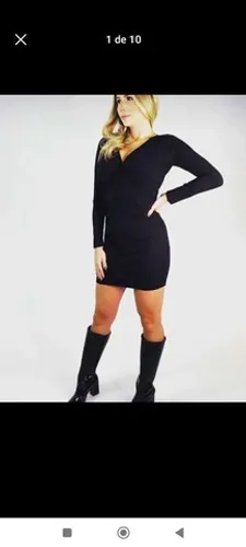 Vestido manga longa preto p,m e g . Canelado premium