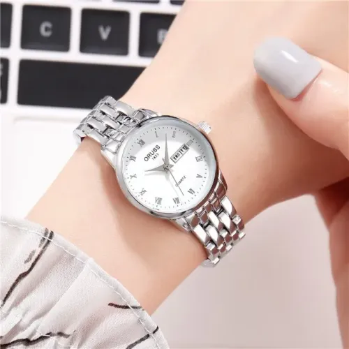 Relógio Feminino Pulseira Inox Oruss 1853 Com Calendário Duplo