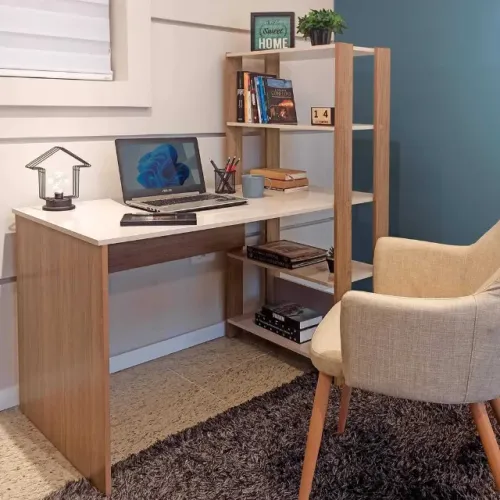 NOVO | Escrivaninha Mesa Escritório 120cm Off White 4 Prateleiras - Fazemos Entrega