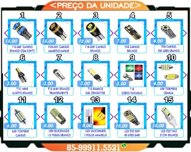 Super Led torpedo e T10 Canbus Pingão/Pingo T20 Forte T15 Polo Cambus (Variados)