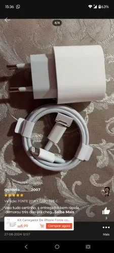 Carregador iPhone fonte tipo c