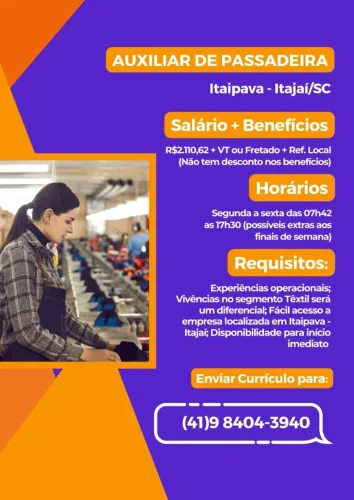 Oportunidade para Auxiliar de Passadeira no Itaipava - Itajaí 