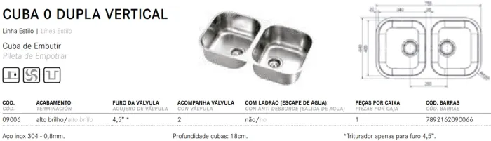 CUBA FRANKE 3 DUPLA 180 4,5" AÇO 304 ALTO BRILHO CX1 VERTICAL 1 - INCLUSO VÁLVULA 4,5"