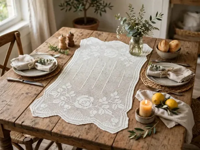 Trilho / Centro de Mesa Crochê Filet Rosas - Branco Artesanal Vintage