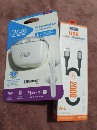 KIT CONFORTO: Fone i2GO s/fio + Cabo Inova Trama de Tecido 2 metros (iPhone)