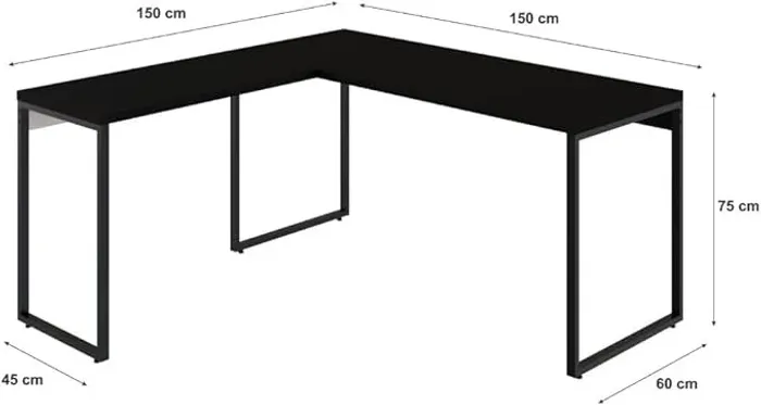 Mesa de Escritório em L Estilo Industrial 1,50mX1,50m Kuadra, Compace, Preto Ônix/Est.Pret