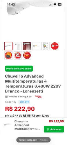 Chuveiro Advanced Multitemperaturas 4 Temperaturas 6.400W 220V Branco - Lorenzetti