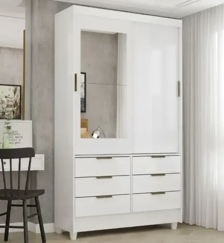 Guarda-Roupa Sevilha Branco 1,08m - 6 Gavetas e Portas de Correr