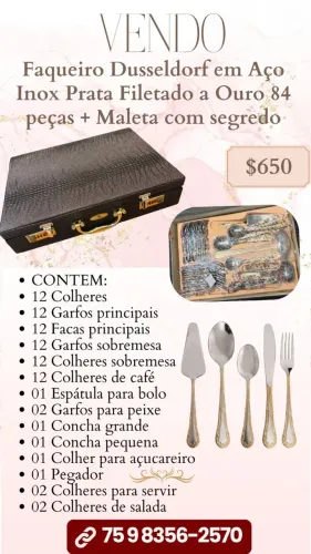 Faqueiro Dusseldorf em Aço Inox Prata Filetado a Ouro 84 peças + Maleta com segredo