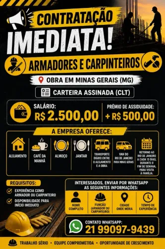 Contratação Imediata - Armadores e Carpinteiros - Obra em MG
