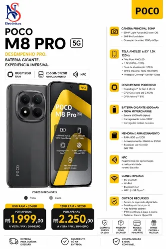 Xiaomi POCO M8 Pro 256GB 8GB RAM Alto Desempenho Smartphone 2026 PRETO