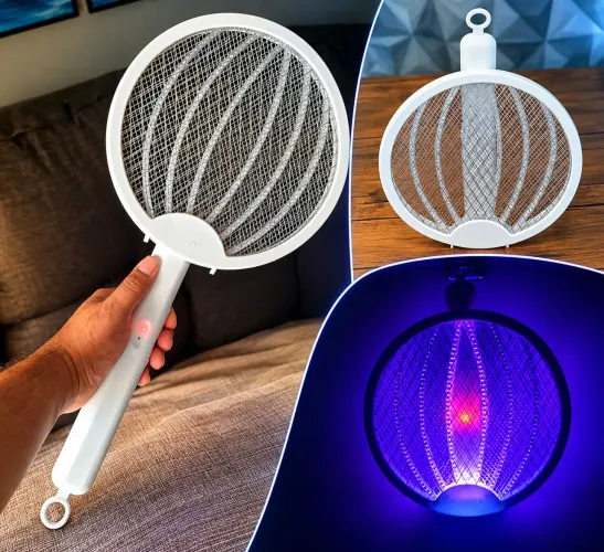 Raquete Elétrica Mata Mosquito 3 em 1 com Luz UV Recarregável