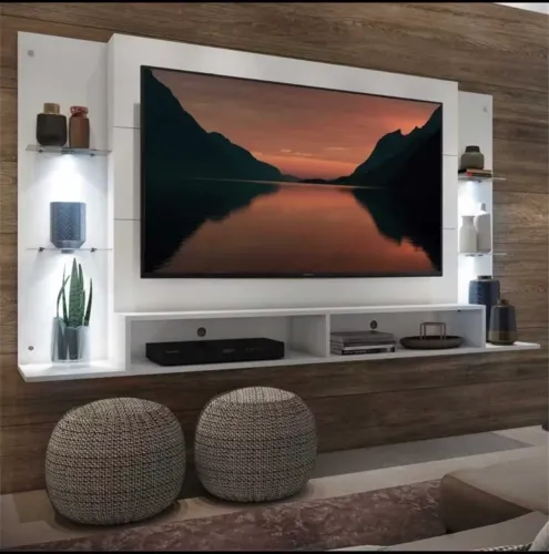 Painel de Tv até 60 polegadas com 4 LEDS e prateleiras de vidros.