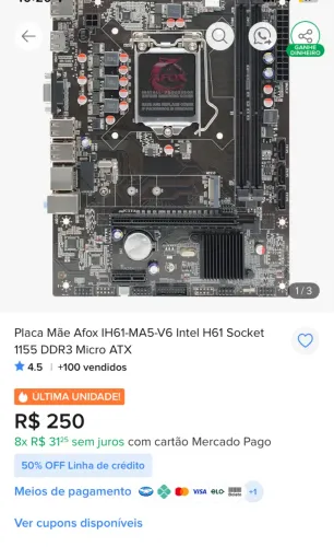 Placa-mãe AFOX H61 MA2-V2 Socket (1155)
