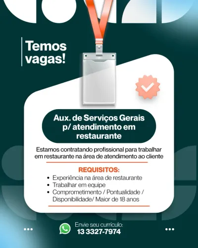 Auxiliar de Serviços Gerais / COM EXPERIÊNCIA EM Atendimento EM RESTAURANTE