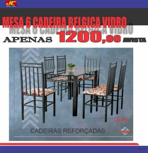 MESA 6 CADEIRAS BELGICA TAMPO DE VIDRO