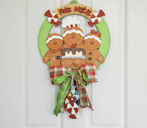 guirlanda de natal de porta gingerbread biscoitos confeitaria mdf