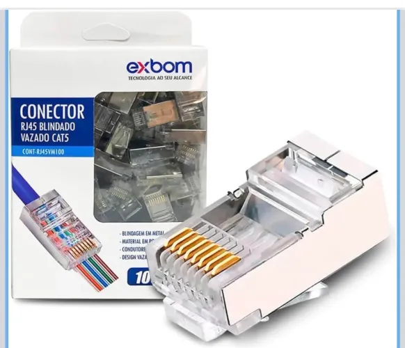  RJ45 Blindado Vazado, Exbom, Cat5/Cat5e/Cat6,para Cabo de Rede LAN