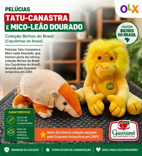Pelúcias Mico Leão Dourado e Tatu Açu 