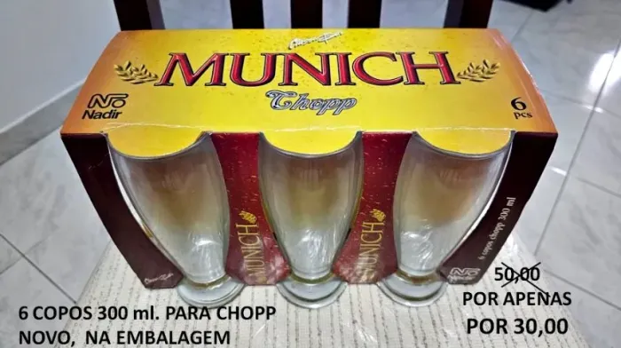 Rio: Copos para chopp 300 ml. da excelente marca alemã Munich na embalagem, novos