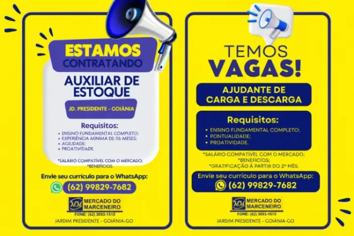 VAGA AUXILIAR DE ESTOQUE E VAGA DE AJUDANTE DE CARGA E DESCARGA