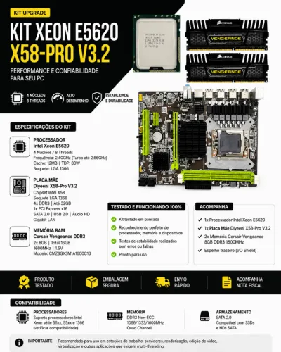 Kit Xeon E5620 + Placa Mãe X58-Pro V3.2 + 16GB Corsair Vengeance DDR3