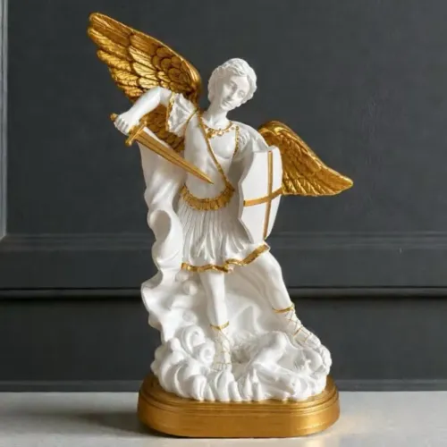 Imagem São Miguel Arcanjo 20cm Gesso Branco Pérola Dourado Decoração Católica