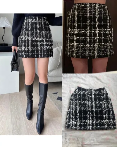 Saia xadrez retrô tweed preto e branco quadriculado (14 anos)