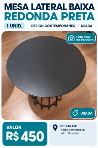 Mesa lateral baixa redonda preta em estado excelente