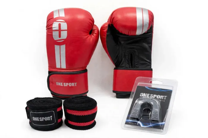 KIT BOXE MUAY THAI ONE SPORT - Luvas + Bandagem + Protetor bucal + Bolsa - NOVO<br>
