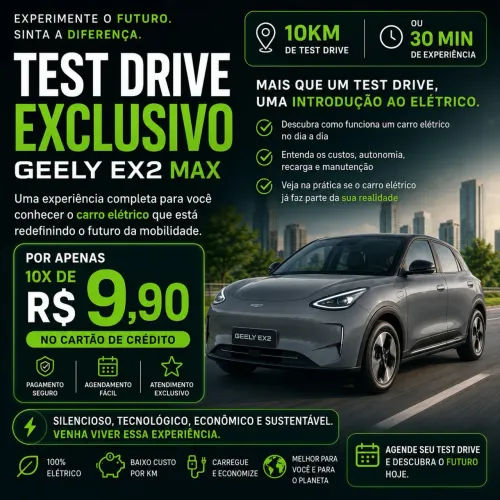 Test Drive em carro elétrico apenas 10x R$ 9,90 no cartão 