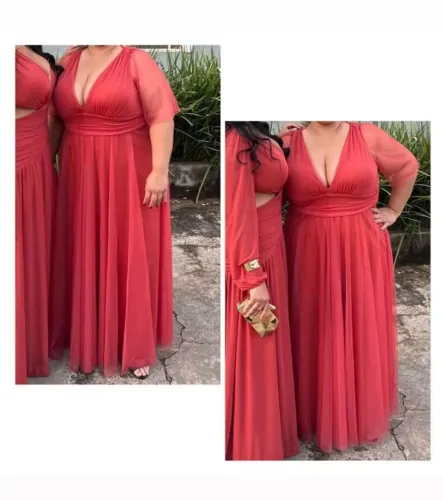 Vestido longo de festa plus size terracota