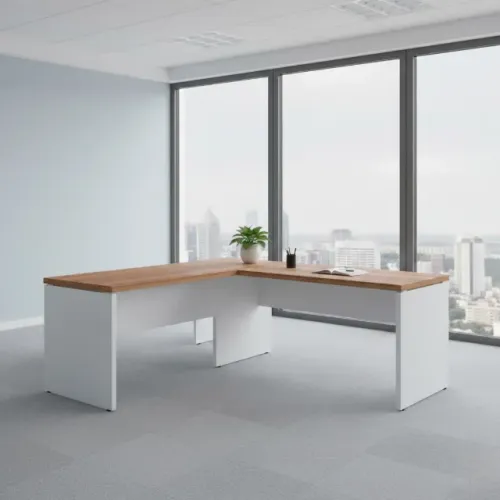 Mesa em L 1,70m + Auxiliar Sem Gavetas Cor Nogal Sevilha/Branco Escritório 34325