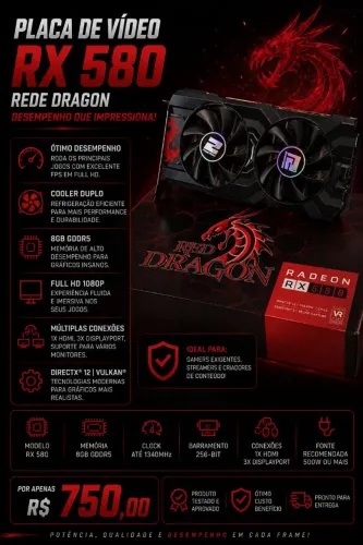 Placa de Vídeo RX 580 Power Color Red Dragon