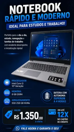 Notebook Intel Core i3 de 10ª Ger (i3-1005G1), SSD 256gb Nvme, 8GB DDR4