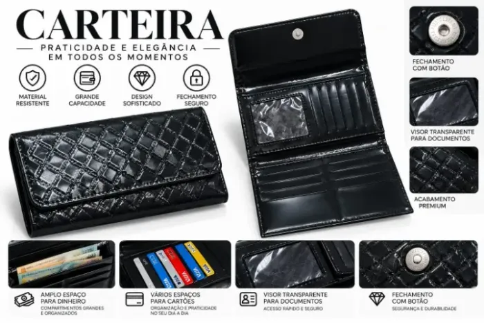 Carteira Feminina FALCUSSI em Sintético - Preta