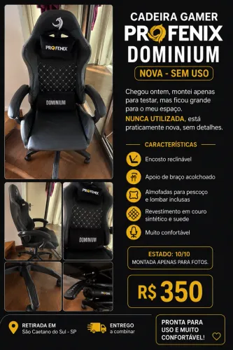 Cadeira Gamer Profenix Dominium - Nova, montada apenas para teste