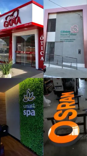 Acm fachada letra e lona e estrutura metálica 