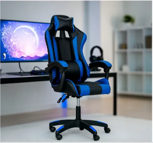 Cadeira Gamer De Escritório Ergonômica C7 Neo Confort Preto e Azul Revestimento Sintético
