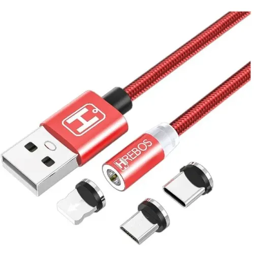 Cabo Cel 3 Vias Hrebos HS-211 1M 3A Micro USB V8, USB-C, Lightning - WZetta