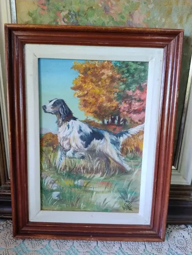 Quadro óleo sobre tela cão caçador antigo 