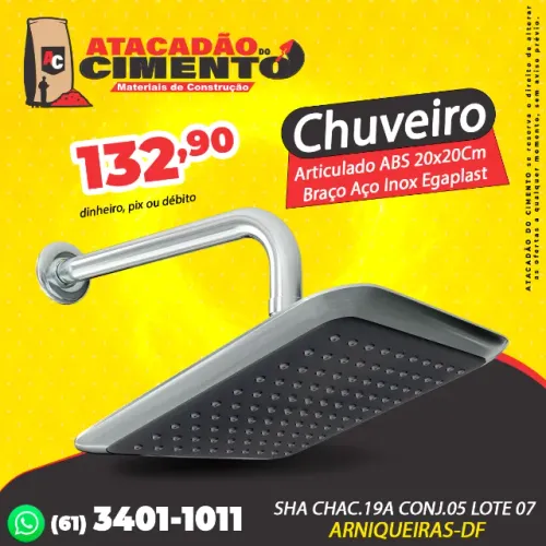 Chuveiro Quadrado Articulado ABS 20x20Cm Com Braço Aço Inox Egaplast