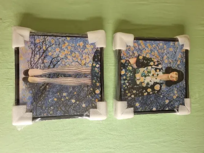 Dupla quadros decorativos mulher em tela canvas 30x30 moldura preta