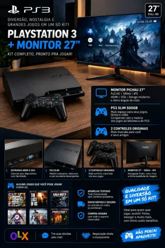 PS3 Desbloqueado 500GB + Monitor 27 Pol